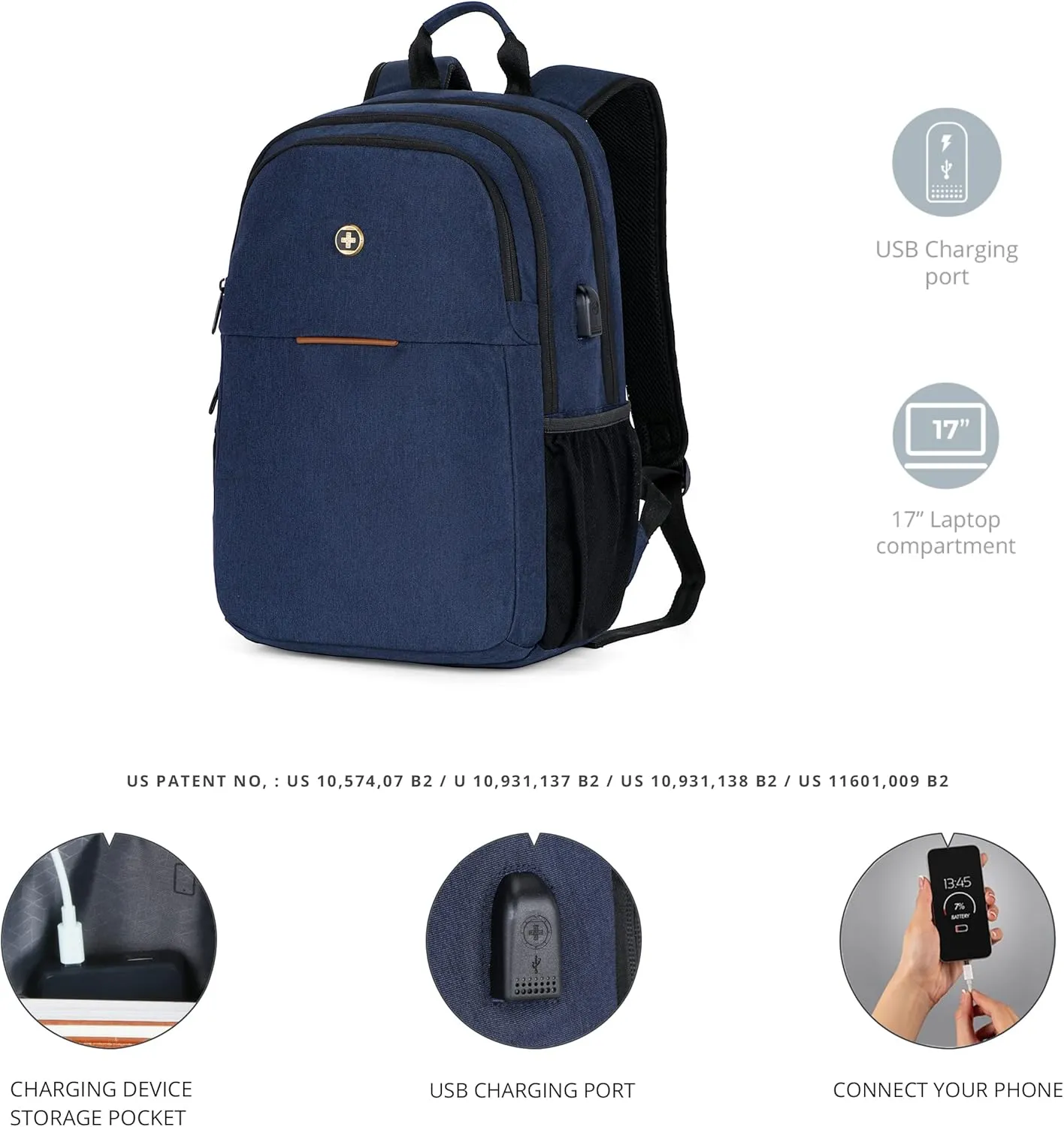 Swissdigital Design College 17 inch Laptop Backpack, Slim Business Travel Laptop Backpack With USB Charging Port For Women & Men Laptop Dark Blue (BIBERSTEIN SD1636-12)