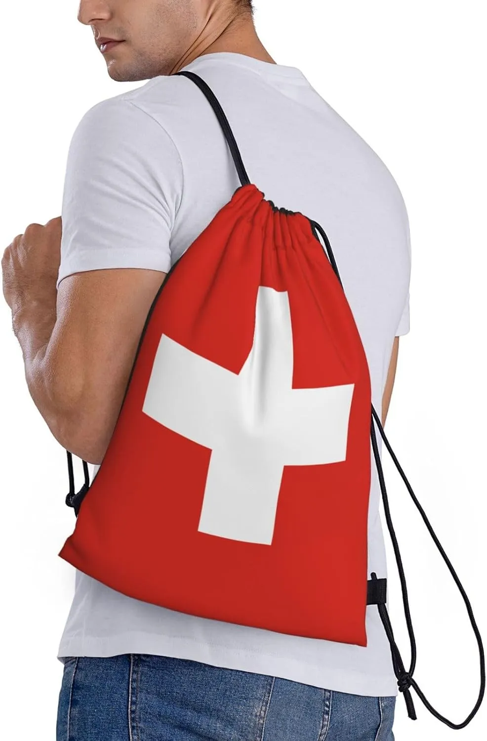 Switzerland Drawstring Backpack Yoga Beach Sackpack Lightweight Gym Sports String Swiss Bag S