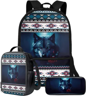 Talayituse Aztec Wolf Rose Geometric Print School Bag Bookbag for Primary Junior School Student 3 PCS Backpack Set with Lunch Box Pencil Case for Boys Kids