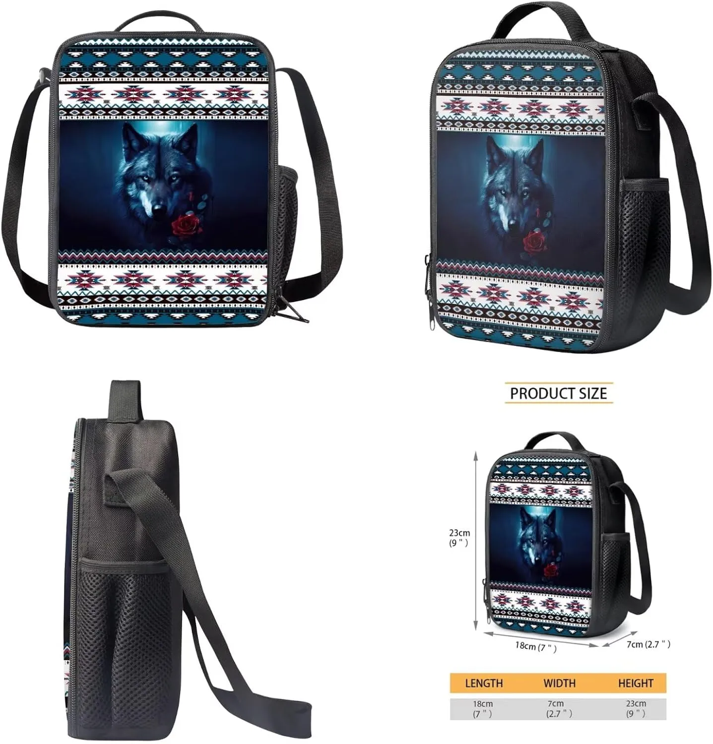 Talayituse Aztec Wolf Rose Geometric Print School Bag Bookbag for Primary Junior School Student 3 PCS Backpack Set with Lunch Box Pencil Case for Boys Kids