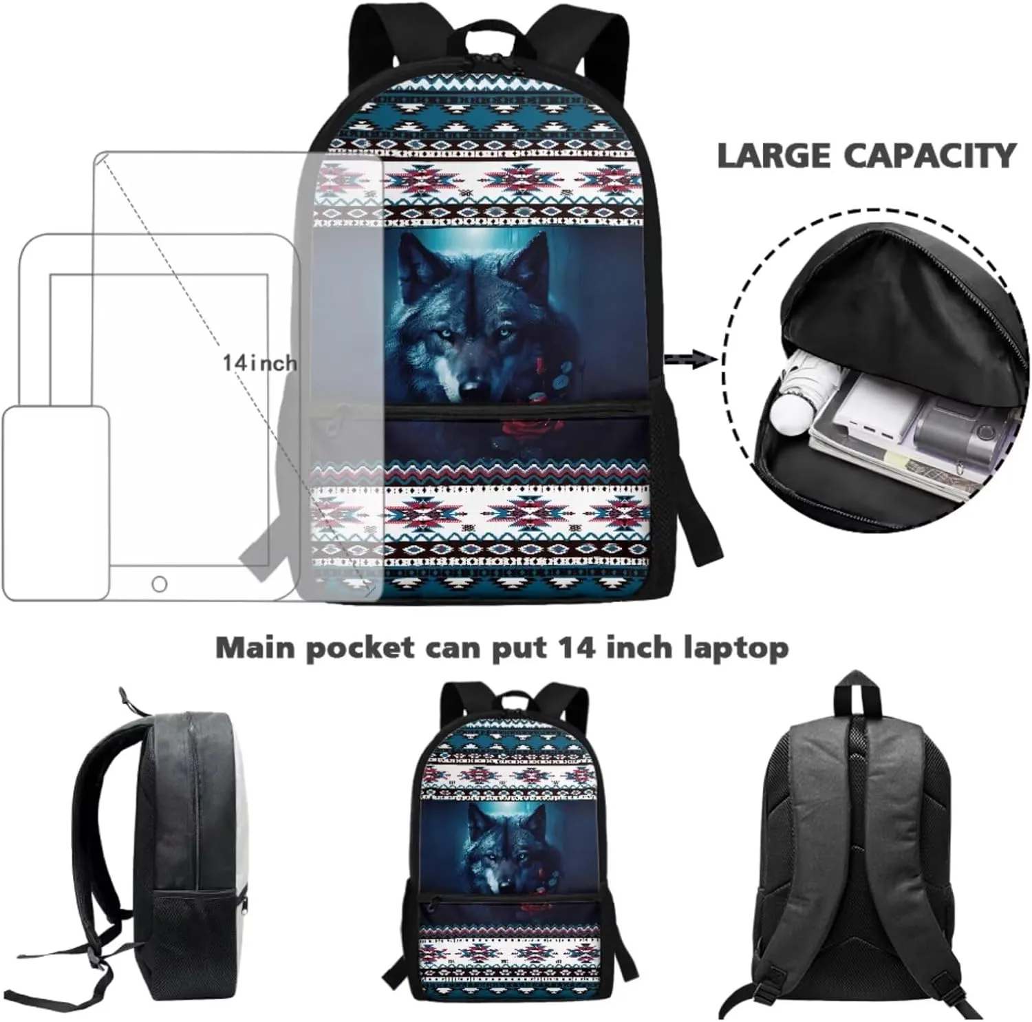 Talayituse Aztec Wolf Rose Geometric Print School Bag Bookbag for Primary Junior School Student 3 PCS Backpack Set with Lunch Box Pencil Case for Boys Kids