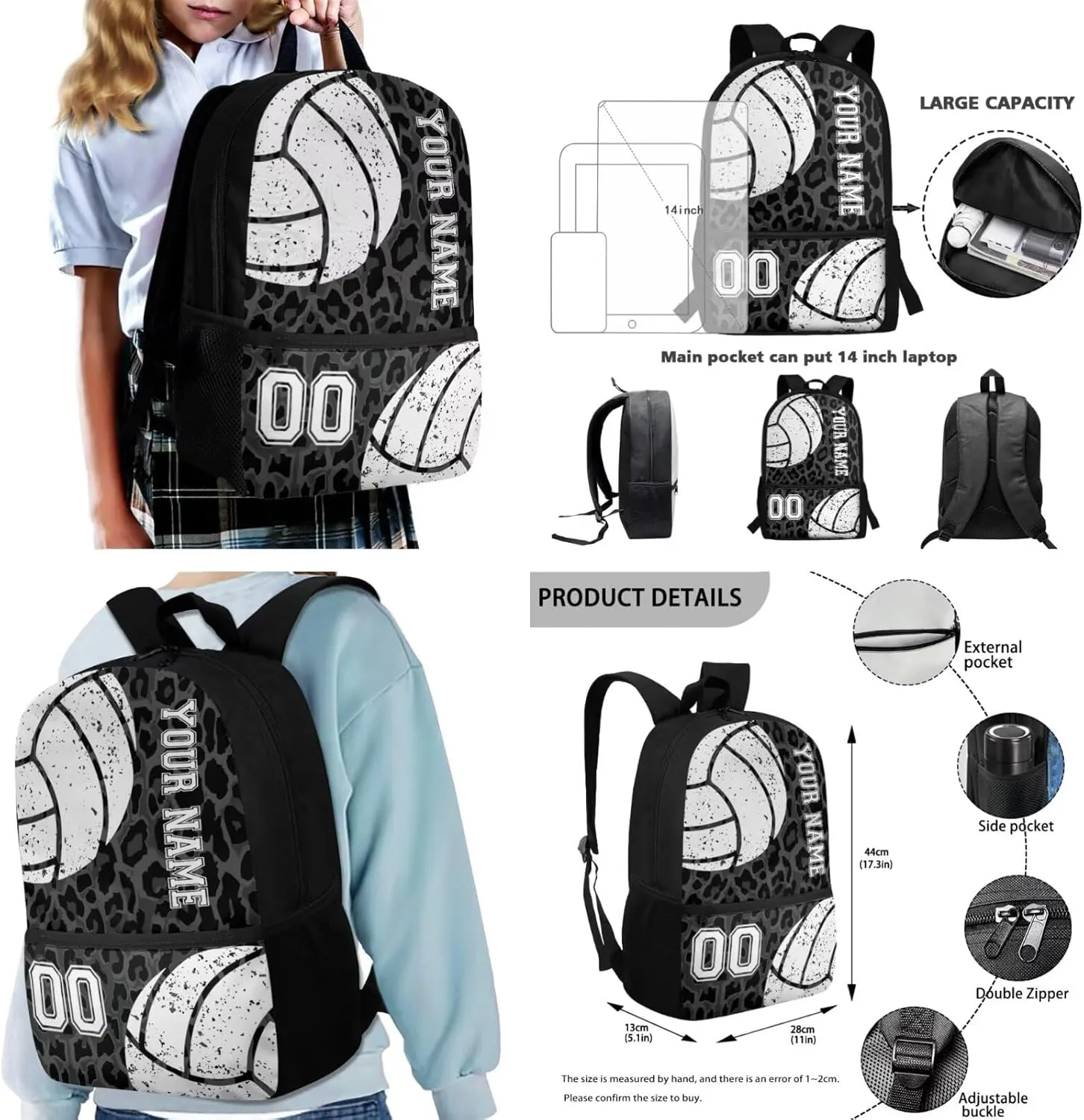 Talayituse Volleyball Print 4 Pieces Backpack Sets Black Leopard Primary Schoolbag Travel Daypack Shoulder Bag Rucksack Knapsack Bookbag with Lunch Box/Pencil Case/Crossbody Bag for Boys Girls