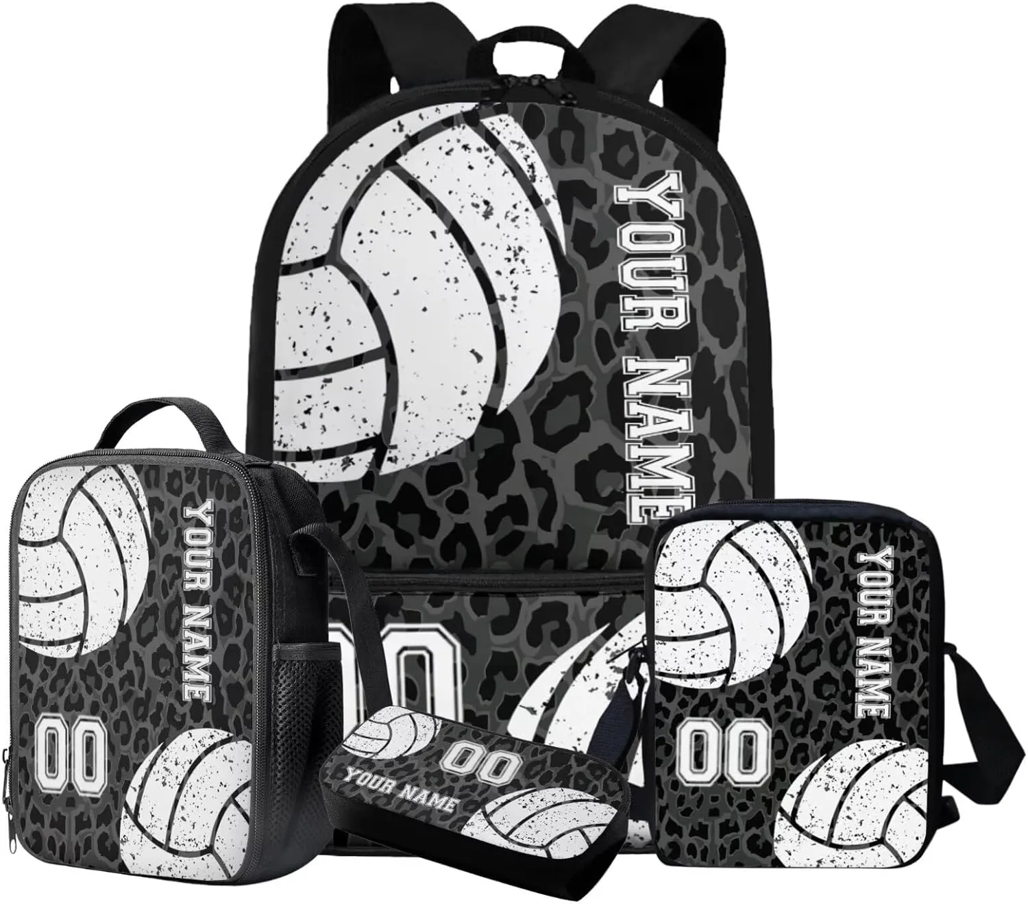 Talayituse Volleyball Print 4 Pieces Backpack Sets Black Leopard Primary Schoolbag Travel Daypack Shoulder Bag Rucksack Knapsack Bookbag with Lunch Box/Pencil Case/Crossbody Bag for Boys Girls
