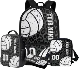 Talayituse Volleyball Print 4 Pieces Backpack Sets Black Leopard Primary Schoolbag Travel Daypack Shoulder Bag Rucksack Knapsack Bookbag with Lunch Box/Pencil Case/Crossbody Bag for Boys Girls