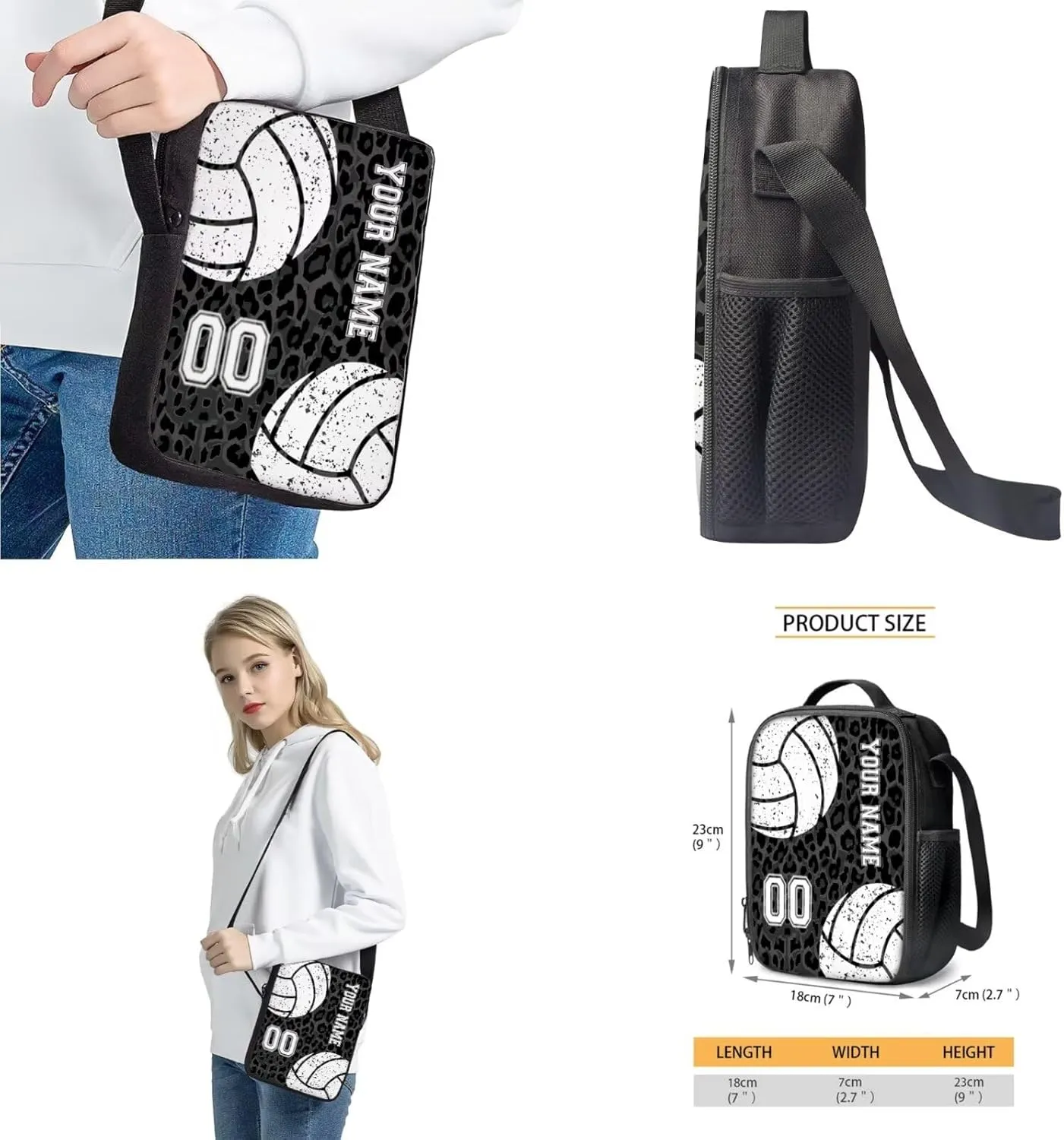 Talayituse Volleyball Print 4 Pieces Backpack Sets Black Leopard Primary Schoolbag Travel Daypack Shoulder Bag Rucksack Knapsack Bookbag with Lunch Box/Pencil Case/Crossbody Bag for Boys Girls