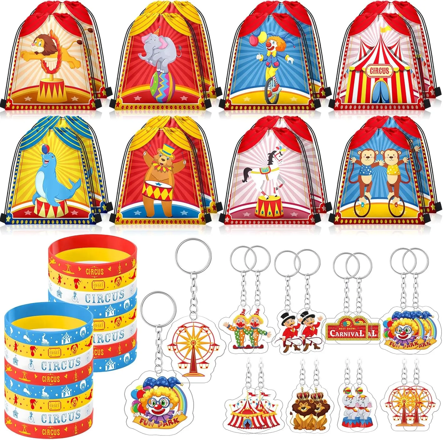 Talltalk 48 Pcs Circus Carnival Party Favors Gift Sets Include Clown Drawstring Backpack Goody Treat Bag Snacks Candy Bag Showman Wristband Animal Keychains for Karneval Birthday Party Supplies Decor