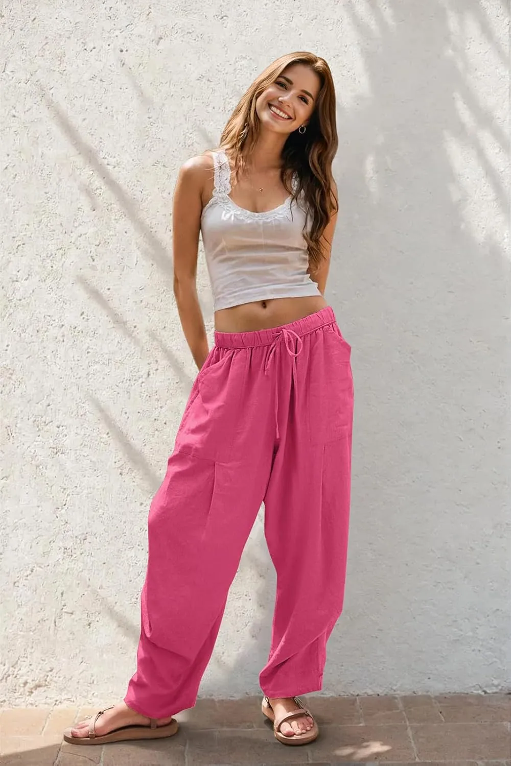 TARSE Women Linen Baggy Harem Pants Summer Drawstring Casual Lounge Pant 2024 Beach Travel Vacation Clothes with Pockets