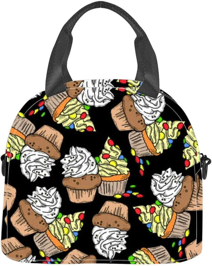 Tasty sweet cupcake dessert decorative textile fabric print wrapping Insulated Adult Lunch Bag with Shoulder Strap for Women Lightweight Reusable Portable Freezable Lunch Tote Bag for Work Picnic