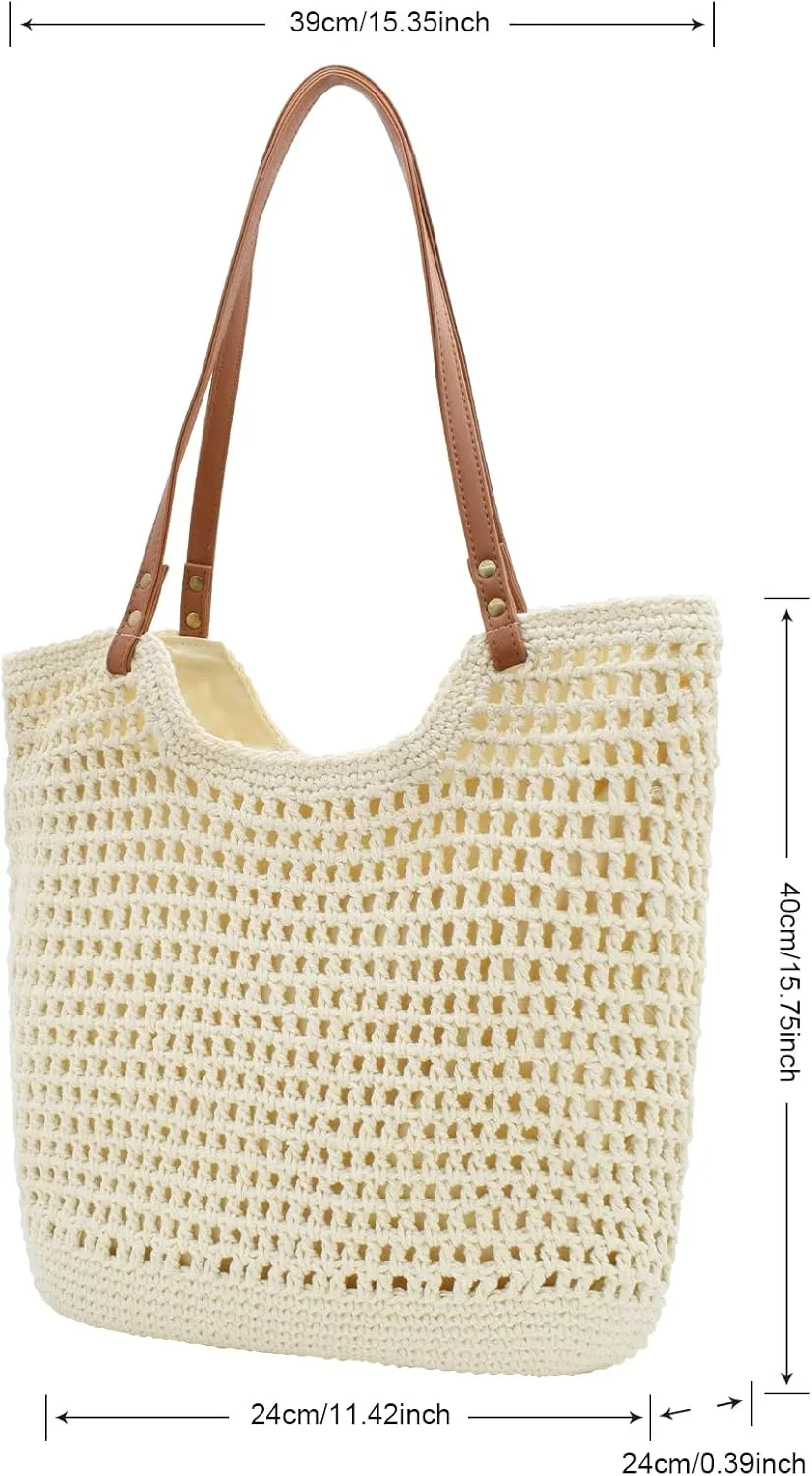 TeeYee Boho Crochet Summer Handbag Handmade Cotton Rope Knit Shoulder Bags for Women Bohemia Tote for Travel