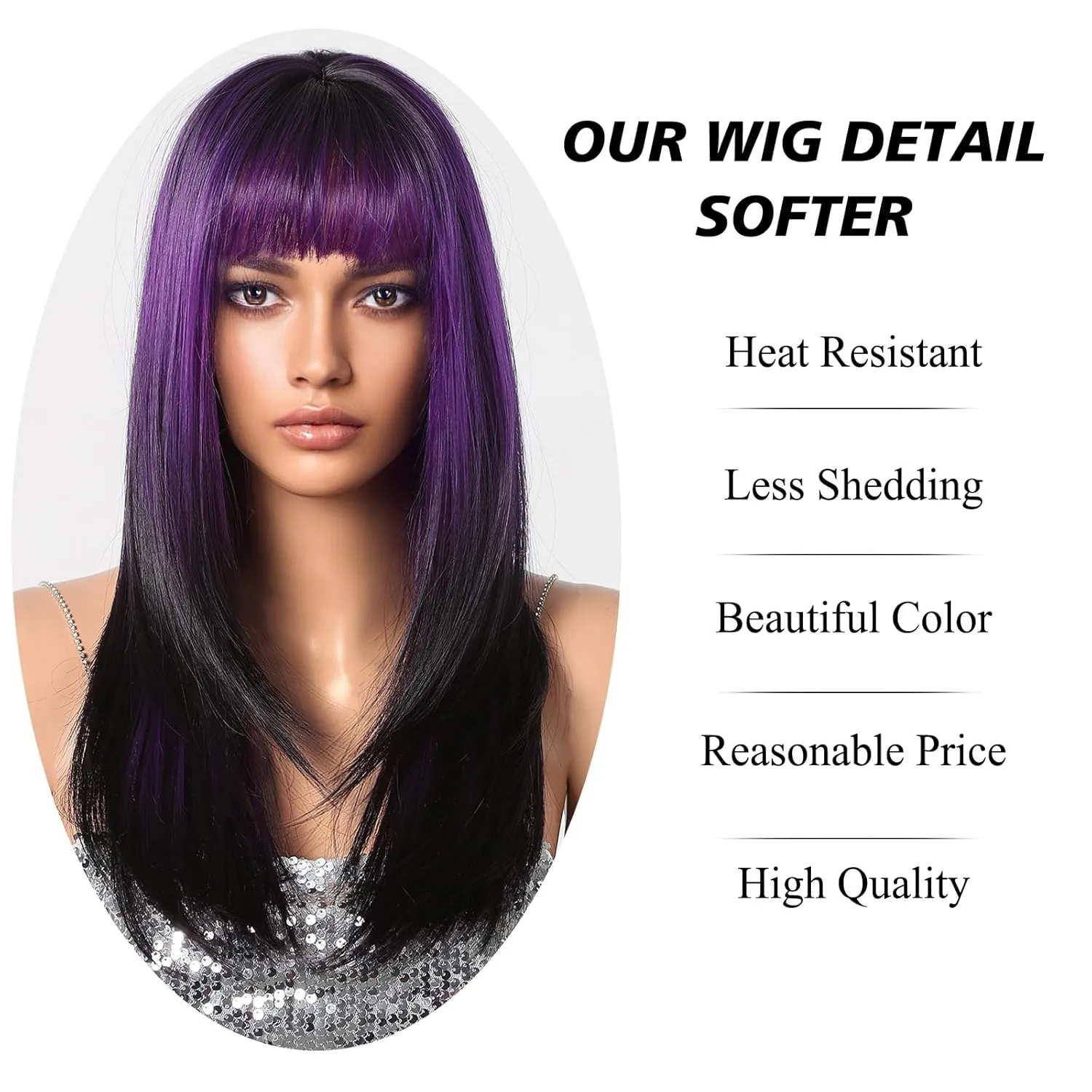 testar Purple Wigs for Women Long Straight Black Purple Wig With Bangs Heat Resistant Synthetic Fiber Layered Party/Halloween Use 24IN