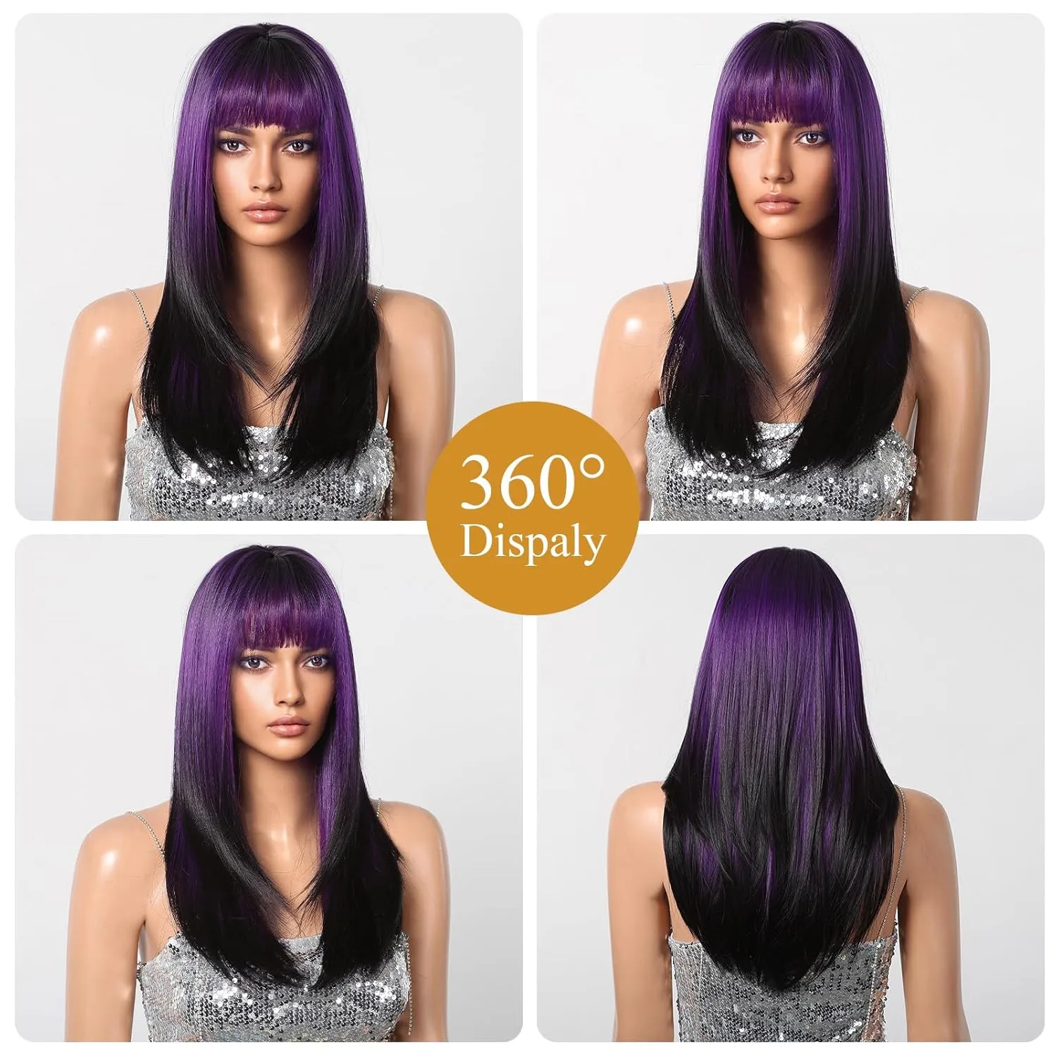 testar Purple Wigs for Women Long Straight Black Purple Wig With Bangs Heat Resistant Synthetic Fiber Layered Party/Halloween Use 24IN