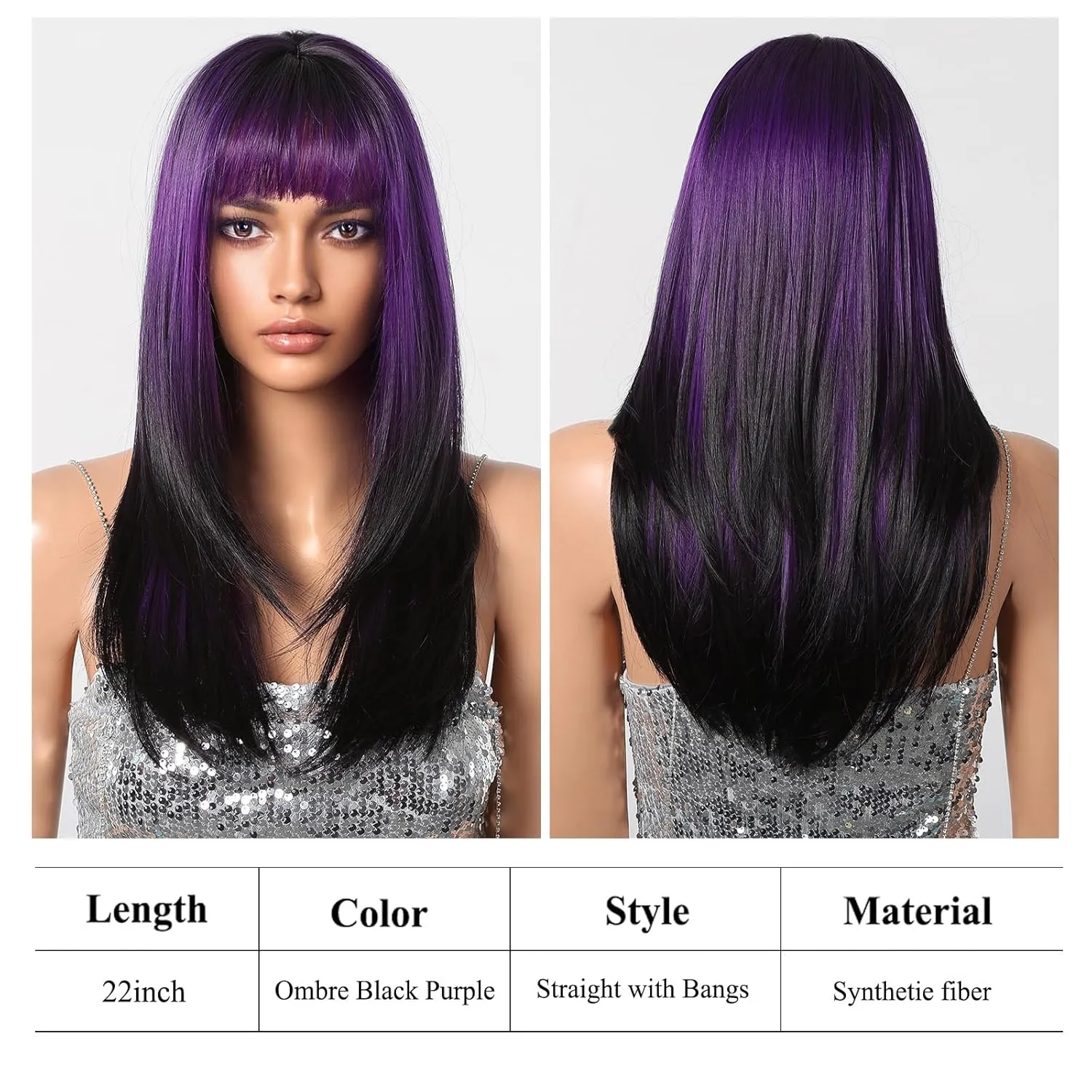 testar Purple Wigs for Women Long Straight Black Purple Wig With Bangs Heat Resistant Synthetic Fiber Layered Party/Halloween Use 24IN