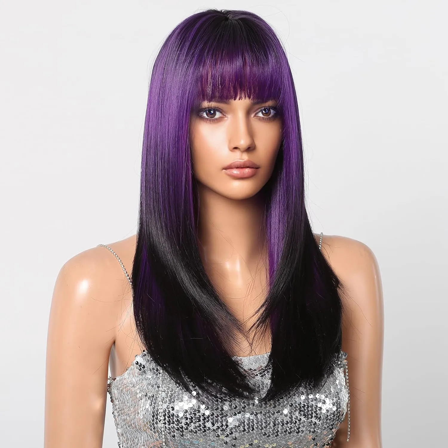 testar Purple Wigs for Women Long Straight Black Purple Wig With Bangs Heat Resistant Synthetic Fiber Layered Party/Halloween Use 24IN