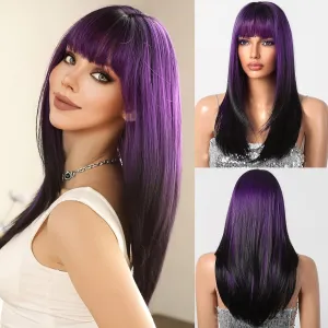 testar Purple Wigs for Women Long Straight Black Purple Wig With Bangs Heat Resistant Synthetic Fiber Layered Party/Halloween Use 24IN