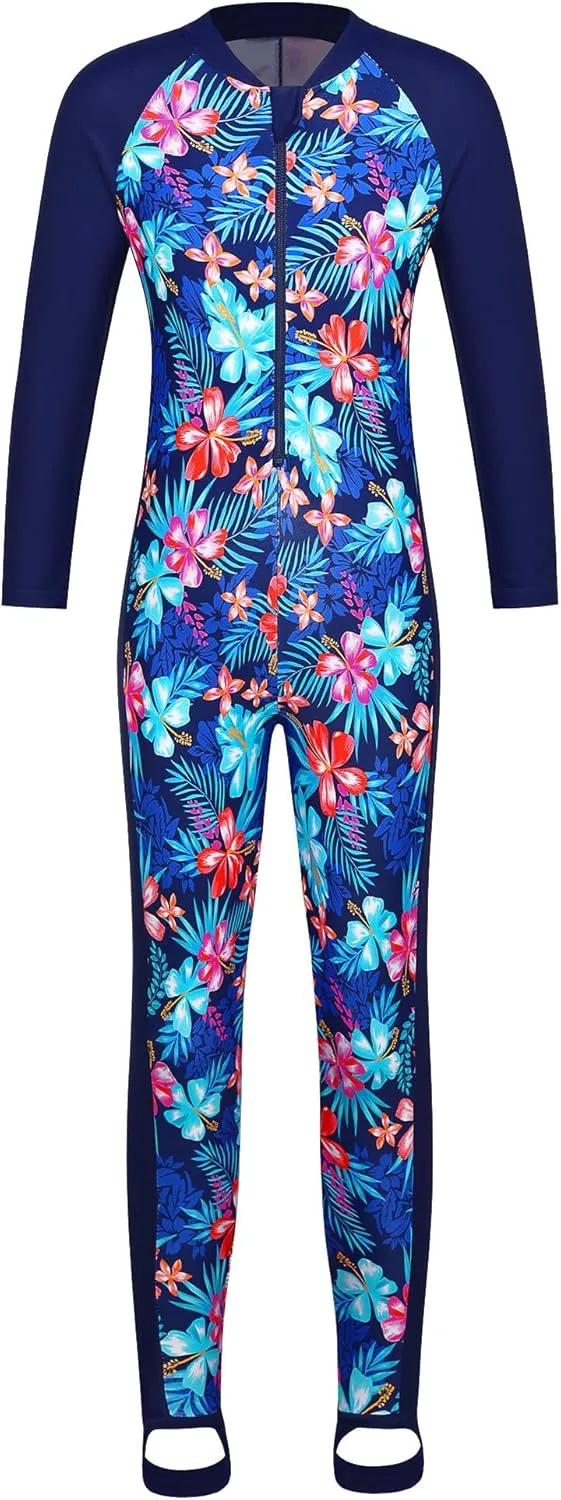 TFJH E 1PCS Girls Long Sleeve Swimsuit UPF 50  Rashguard Zipper Footed