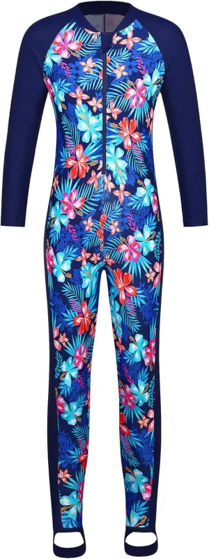 TFJH E 1PCS Girls Long Sleeve Swimsuit UPF 50  Rashguard Zipper Footed