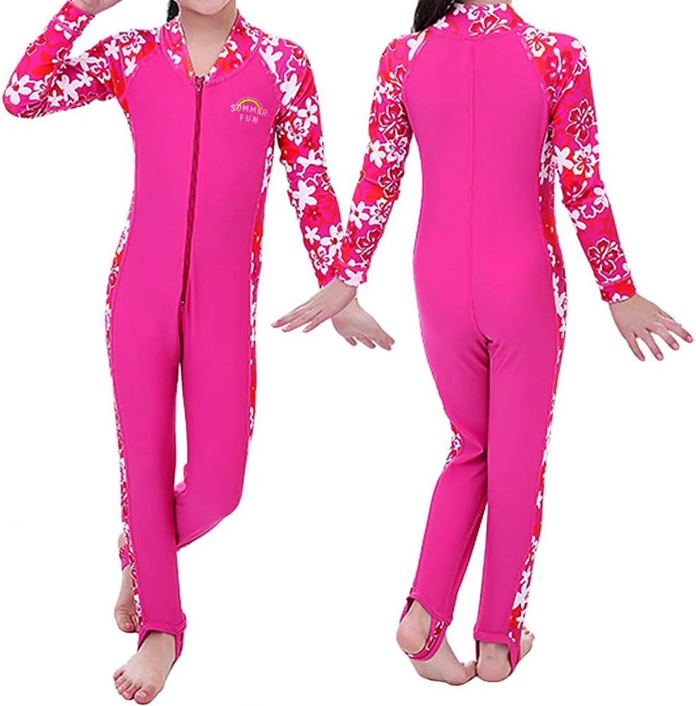 TFJH E 1PCS Girls Long Sleeve Swimsuit UPF 50  Rashguard Zipper Footed