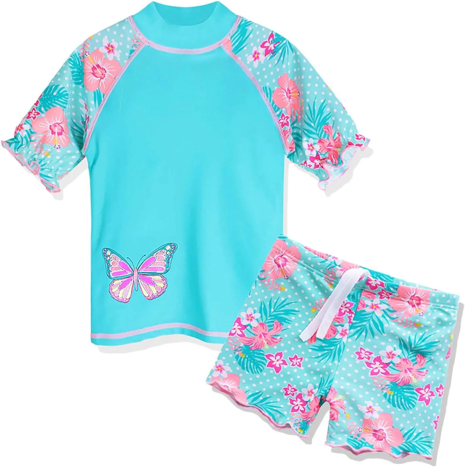 TFJH E Girls Short Sleeve Swimwear Two Piece Swimsuit UPF 50  Rash Guard Sets UV 3-12Y