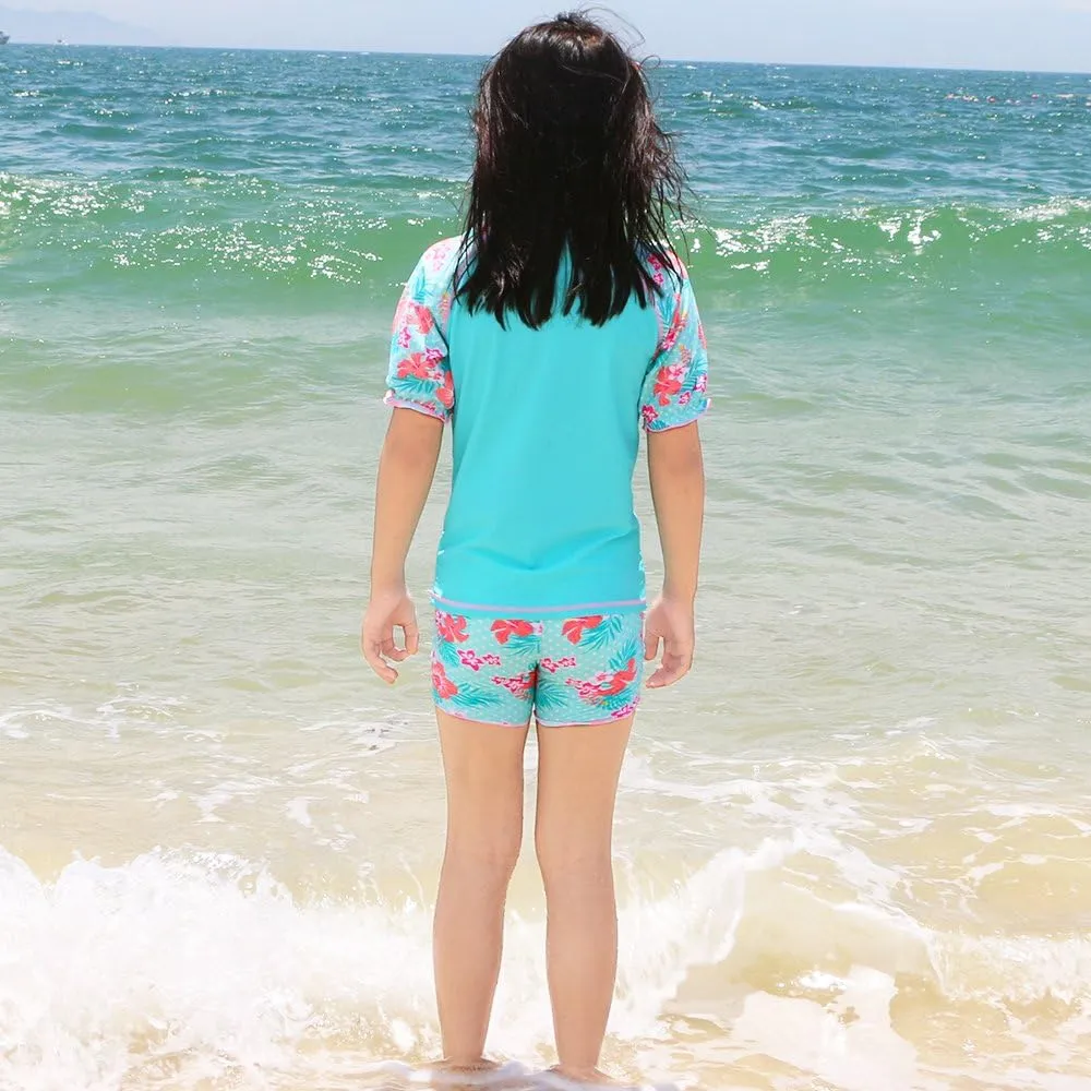 TFJH E Girls Short Sleeve Swimwear Two Piece Swimsuit UPF 50  Rash Guard Sets UV 3-12Y