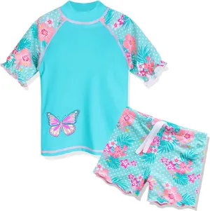 TFJH E Girls Short Sleeve Swimwear Two Piece Swimsuit UPF 50  Rash Guard Sets UV 3-12Y