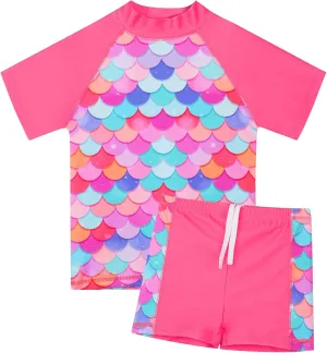TFJH E Girls Short Sleeve Swimwear Two Piece Swimsuit UPF 50  Rash Guard Sets UV 3-12Y
