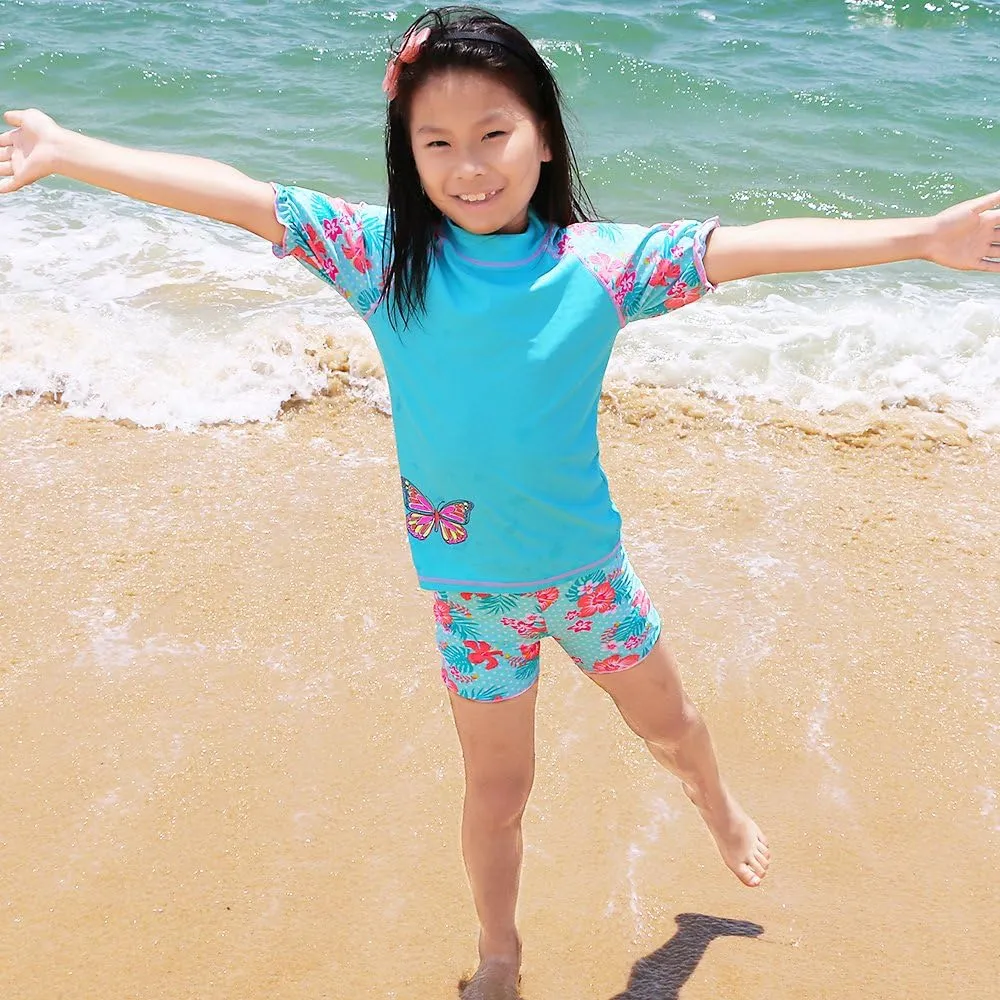 TFJH E Girls Short Sleeve Swimwear Two Piece Swimsuit UPF 50  Rash Guard Sets UV 3-12Y
