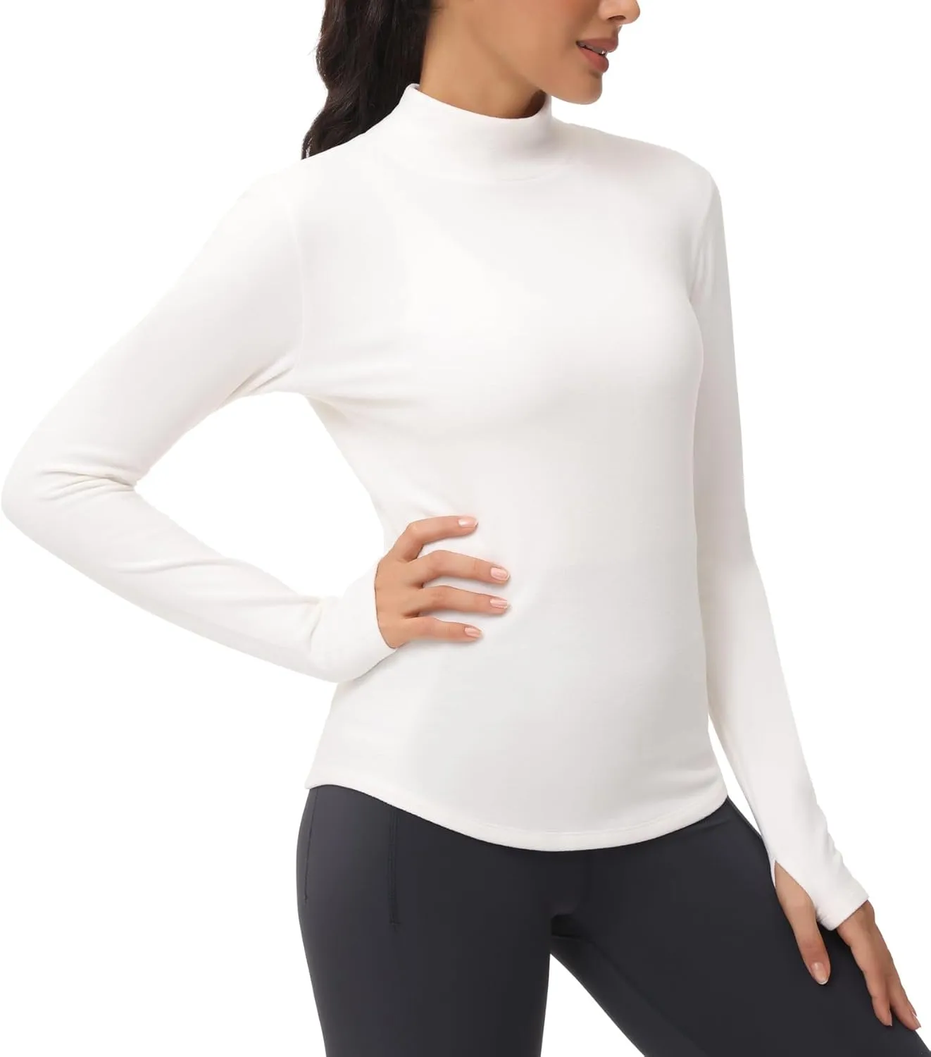 THE GYM PEOPLE Fleece Mock Turtleneck Pullover Base Layer Shirts Long Sleeve Workout Tops with Thumb Hole