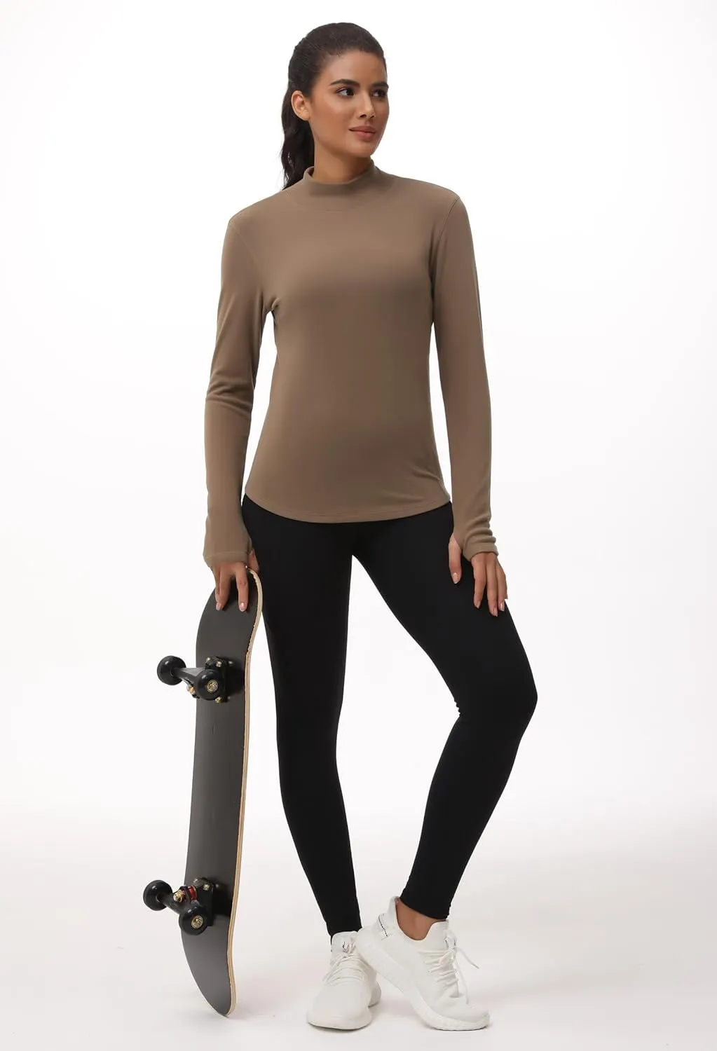 THE GYM PEOPLE Fleece Mock Turtleneck Pullover Base Layer Shirts Long Sleeve Workout Tops with Thumb Hole