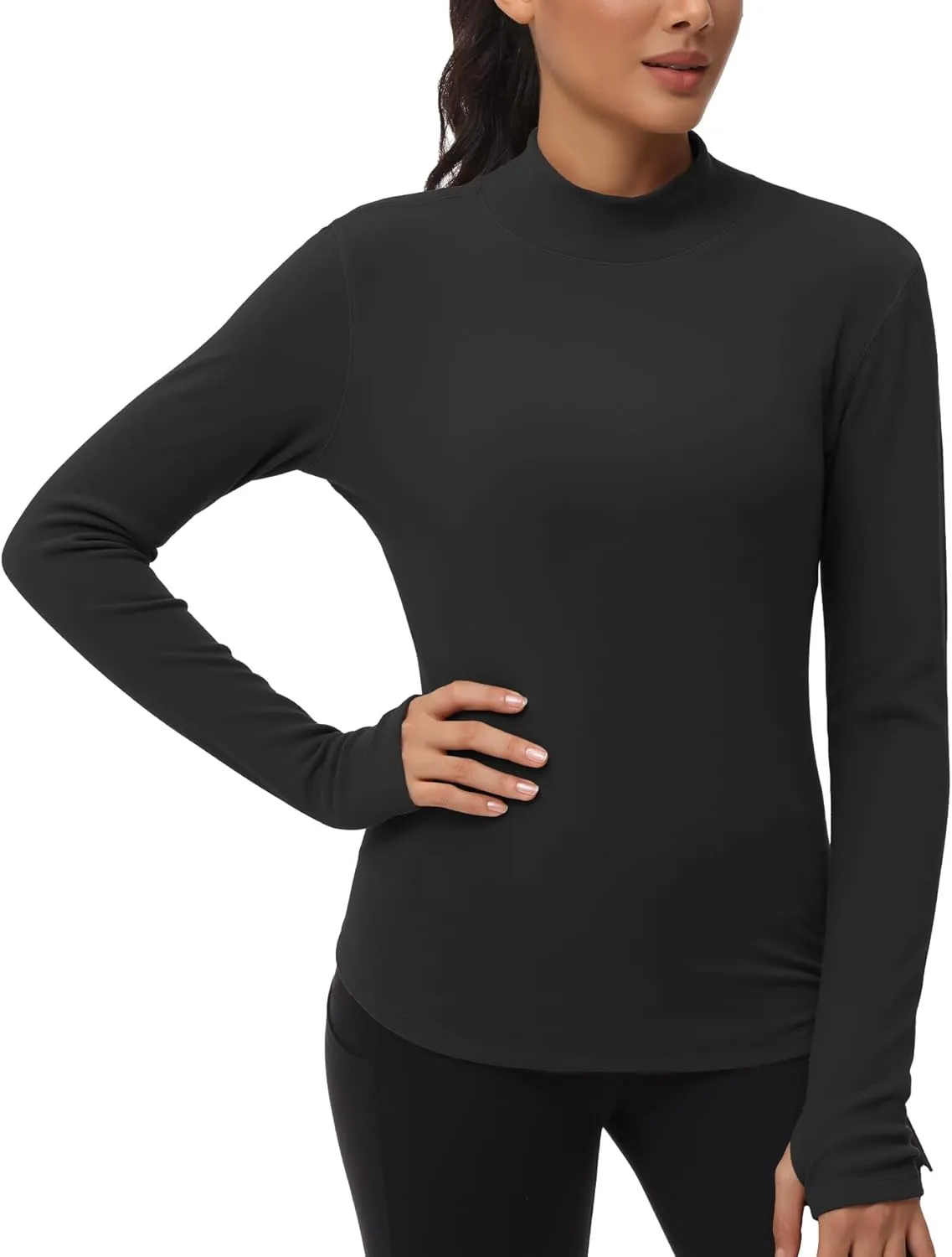 THE GYM PEOPLE Fleece Mock Turtleneck Pullover Base Layer Shirts Long Sleeve Workout Tops with Thumb Hole
