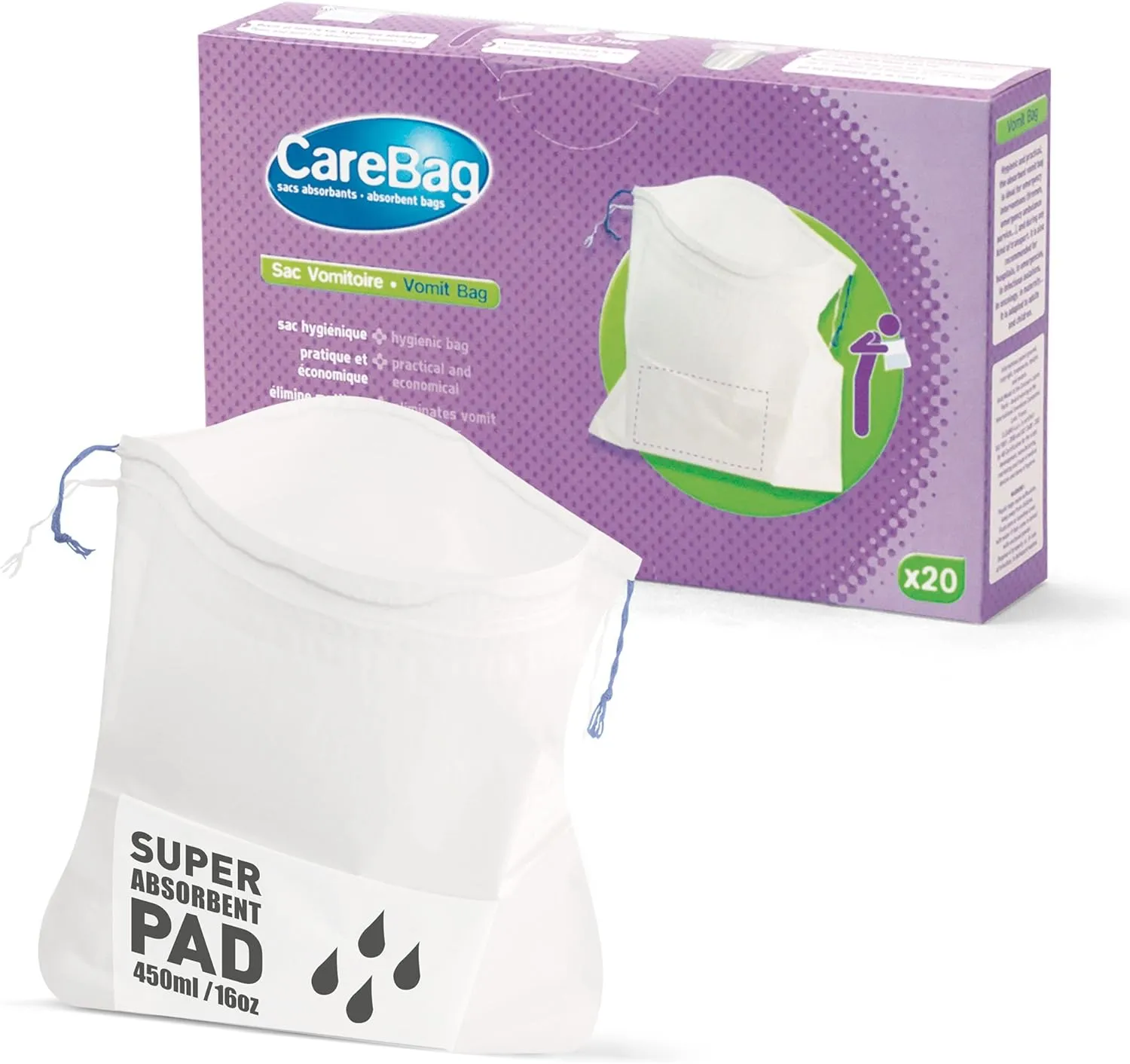 The Original Carebag Vomit Bag with Super Absorbent Pad, 60 Count (3 Boxes of 20)–Absorbent Emesis Bag for Emergency–Medical Grade, Disposable Nausea Bag for Travel–Barf Bags for The Car, Uber & Lyft