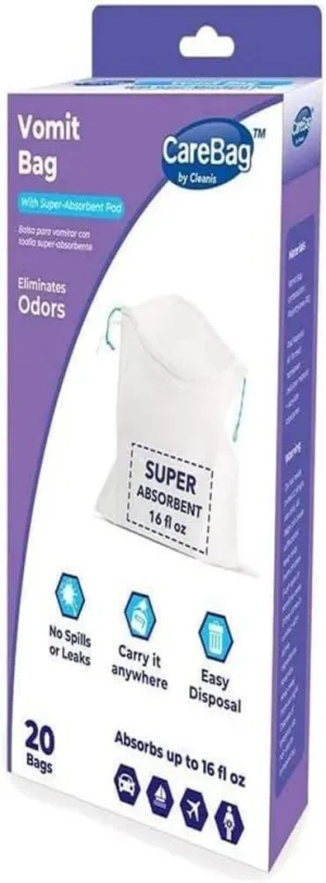 The Original CareBag Vomit Bag with Super Absorbent Pad, Box of 20 Bags – Absorbent Emesis Bag for Emergency – Medical Grade, Disposable Nausea Bag for Travel – Barf Bags for the Car, Uber, & Lyft
