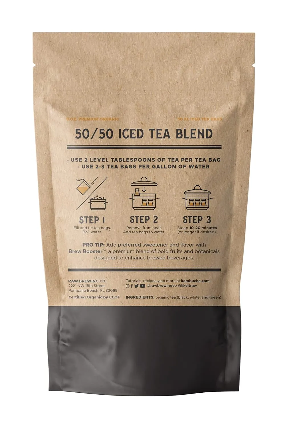 The Southern Standard - Premium Organic Iced Tea Bags - 50/50 Blend (50% Black, 50% Green and White), 50 XL Bags (1/2 Pound. Makes 25 Gallons.)