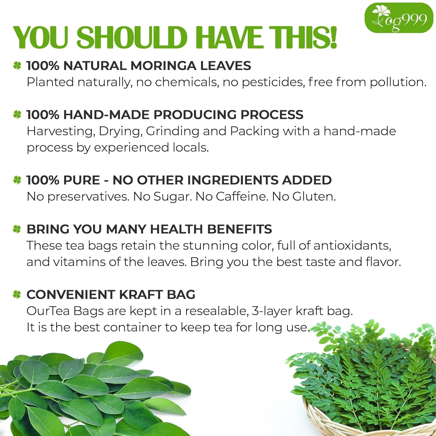 TOG999, Premium 120 Moringa Leaf Tea Bags, 100% Natural & Pure from Moringa Leaves. Loose Leaf Moringa Herbal Tea. Moringa Leaf Tea. No Sugar, No Caffeine, No Gluten, Vegan.