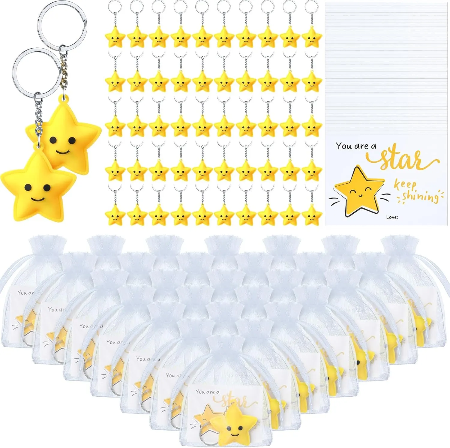 Tondiamo Cute Star Keychains with Inspirational Star Cards and Gift Bags School Classroom Student Rewards Party Bag Fillers