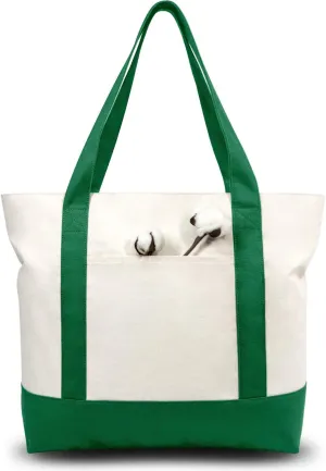 TOPDesign 1-Pack Canvas Tote Bag with an External Pocket, Reusable Grocery Shopping Bag, Top Zipper Closure, Daily Essentials (Green/Natural)