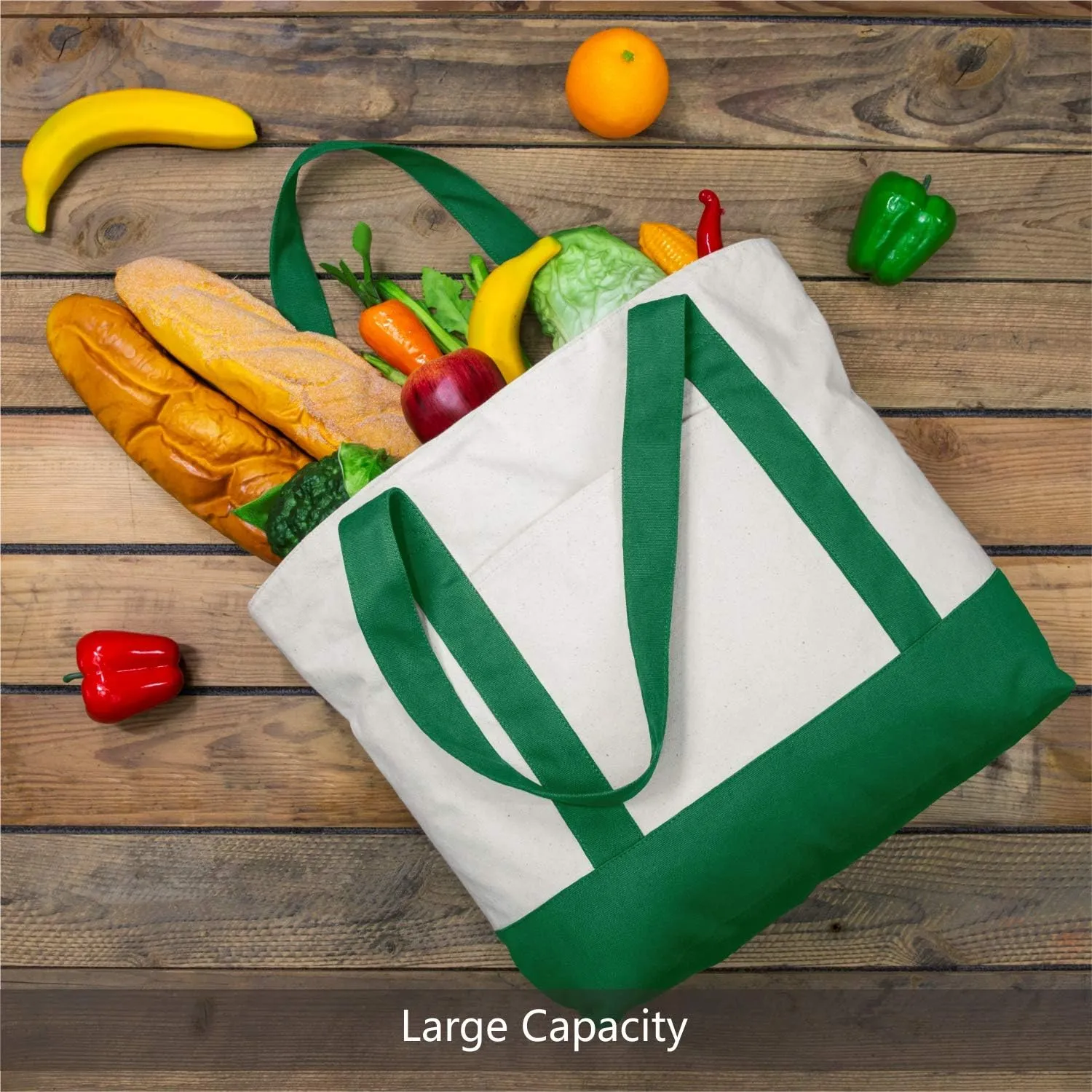 TOPDesign 1-Pack Canvas Tote Bag with an External Pocket, Reusable Grocery Shopping Bag, Top Zipper Closure, Daily Essentials (Green/Natural)