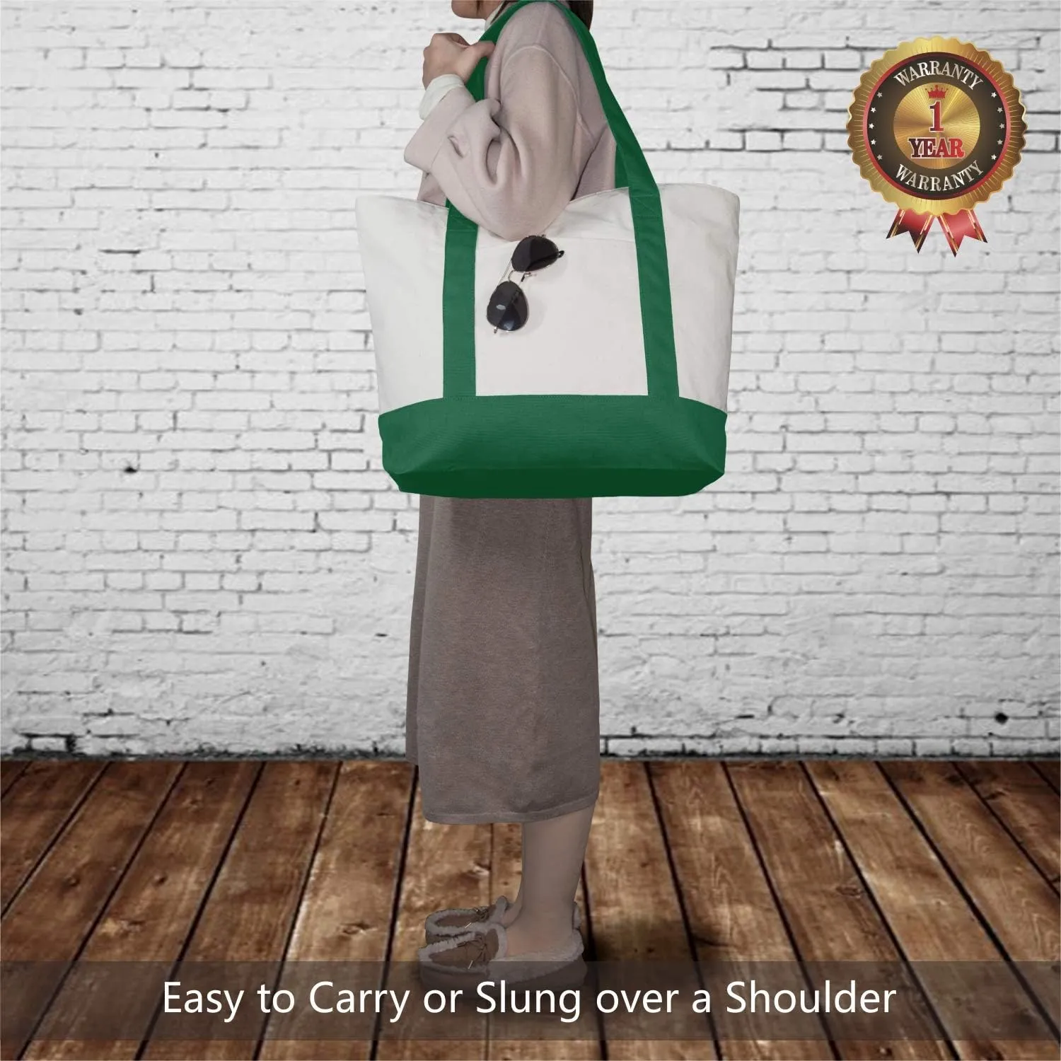 TOPDesign 1-Pack Canvas Tote Bag with an External Pocket, Reusable Grocery Shopping Bag, Top Zipper Closure, Daily Essentials (Green/Natural)