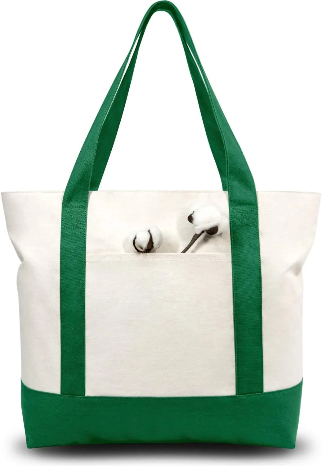 TOPDesign 1-Pack Canvas Tote Bag with an External Pocket, Reusable Grocery Shopping Bag, Top Zipper Closure, Daily Essentials (Green/Natural)