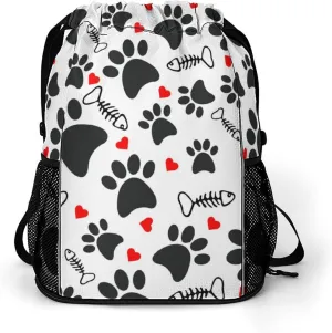 Trace Doodle Paw of Cat Prints Drawstring Backpack Gym Bag Sports Backpack Beach Bag Yoga Travel Bag