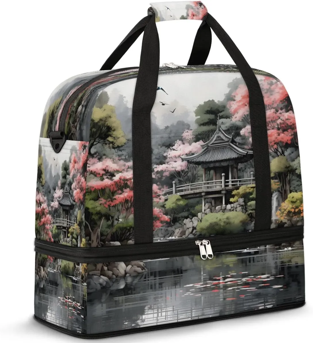 Tranquil Garden Scene Travel Duffel Bag, Travel Essentials, Gym Bag for Women, Weekender Overnight Bag With Shoes Compartment, Carry On Bags for Airplanes
