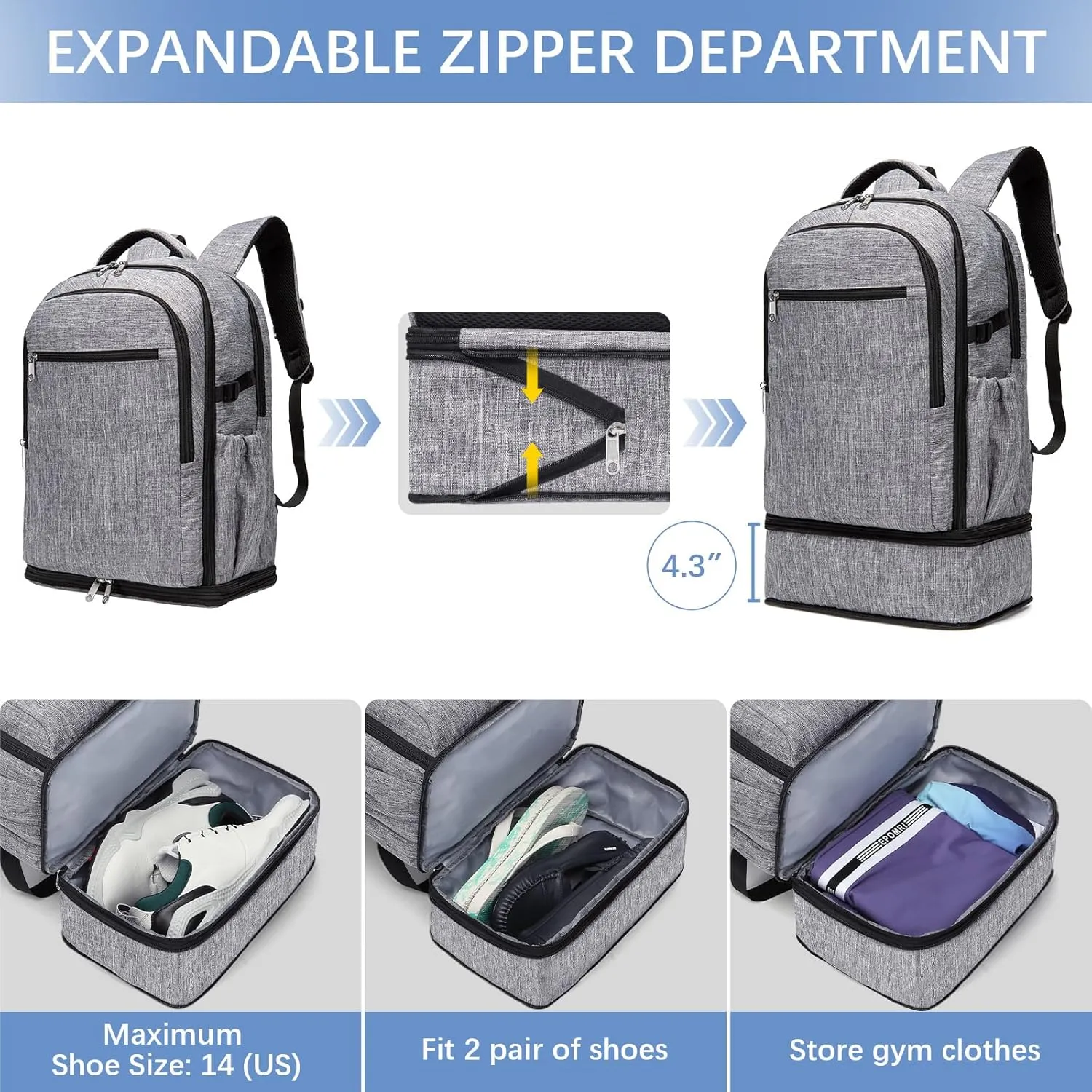 Travel Backpack with Expandable Shoe Department, 34L-42L Carry On Laptop Backpack Flight Approved Weekender Overnight Bag, Water Resistant Sports Gym Backpack for Men Women, Grey