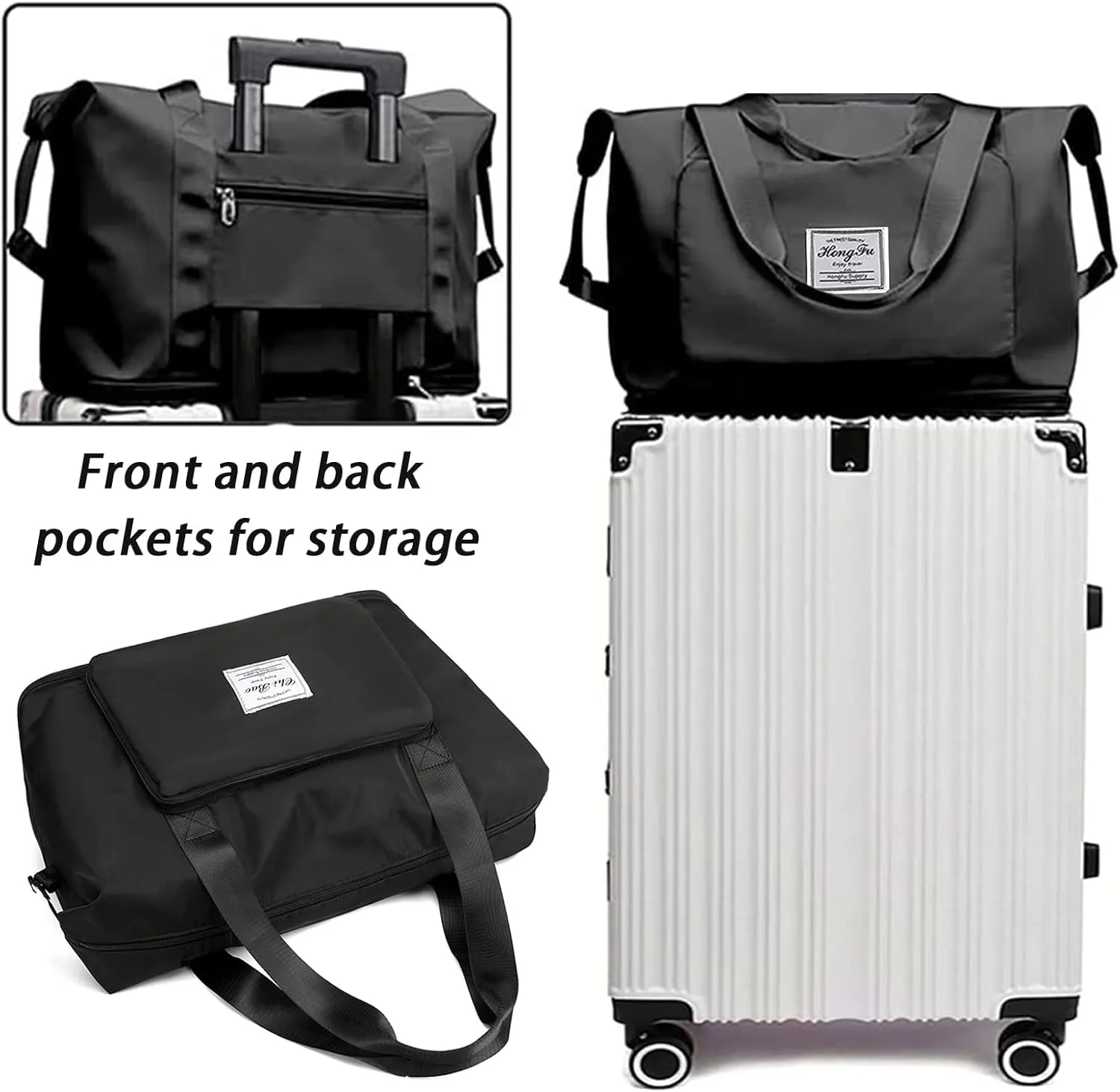 Travel Bag for Women Expandable Weekender Overnight Bag Carry on Sports Tote Gym Bag Waterproof Foldable Duffel Bag (Black)