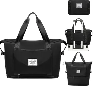 Travel Bag for Women Expandable Weekender Overnight Bag Carry on Sports Tote Gym Bag Waterproof Foldable Duffel Bag (Black)