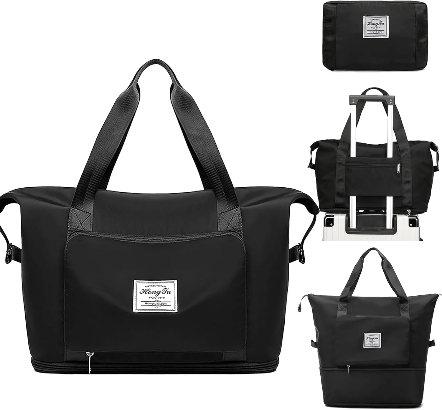 Travel Bag for Women Expandable Weekender Overnight Bag Carry on Sports Tote Gym Bag Waterproof Foldable Duffel Bag (Black)