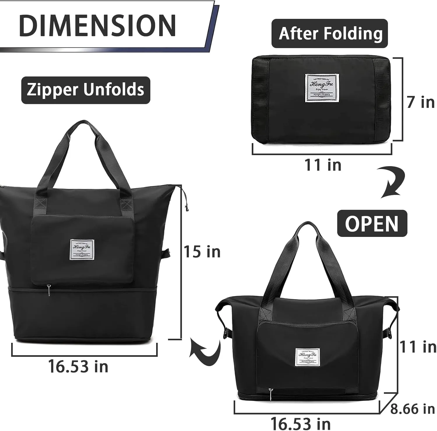 Travel Bag for Women Expandable Weekender Overnight Bag Carry on Sports Tote Gym Bag Waterproof Foldable Duffel Bag (Black)