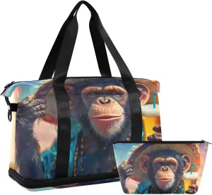 Travel Duffel Gym Sports Luggage Bag Expandable Large Capacity Monkey Drinks Sports Bag for Women and Men