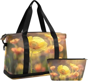 Travel Duffel Gym Sports Luggage Bag Expandable Large Capacity Poppies Sunshine Sports Bag for Women and Men