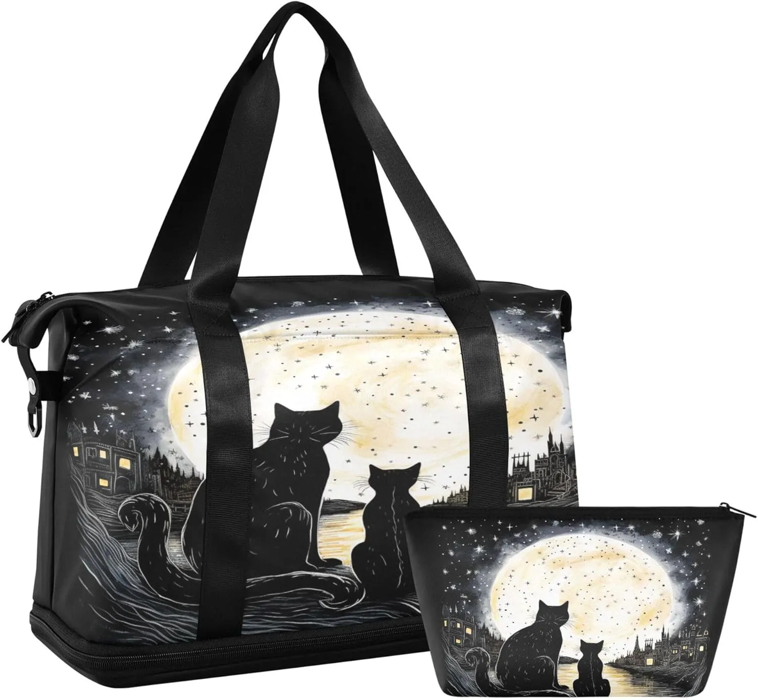 Travel Duffel Tote Bag Black Cat Sports Duffel Bag with Wet Pocket Weekender Overnight Bag for Women Men Gym Bag, Carry On Bag Hospital Bag for Labor and Delivery