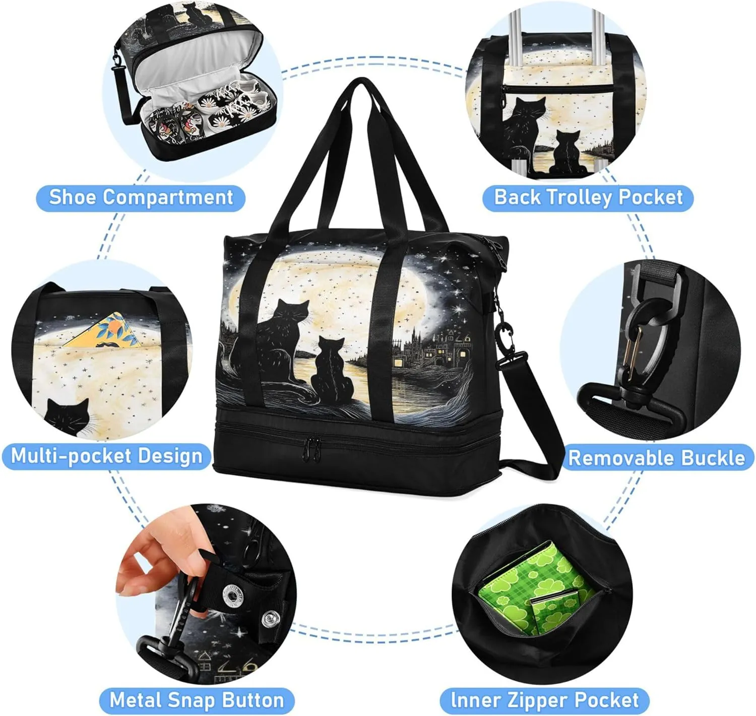 Travel Duffel Tote Bag Black Cat Sports Duffel Bag with Wet Pocket Weekender Overnight Bag for Women Men Gym Bag, Carry On Bag Hospital Bag for Labor and Delivery