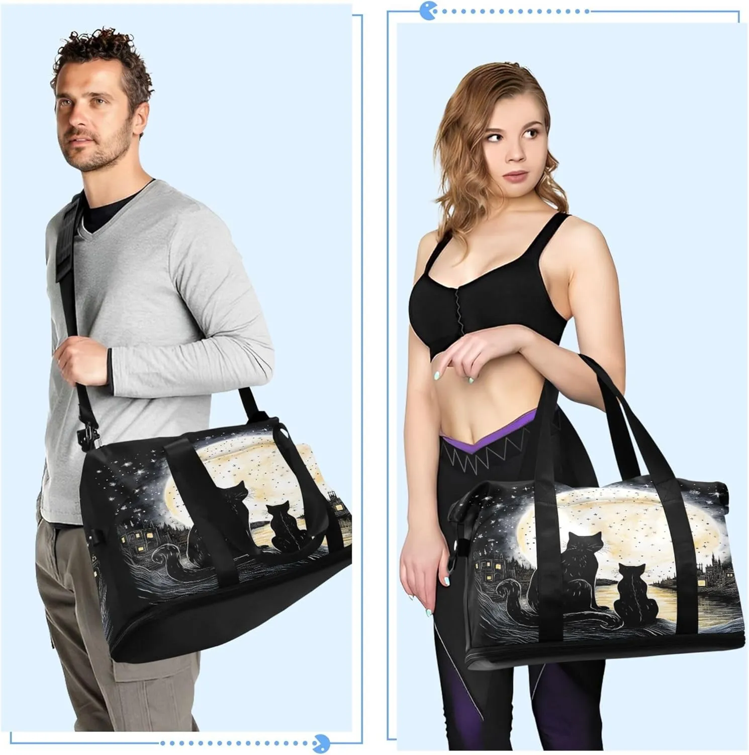 Travel Duffel Tote Bag Black Cat Sports Duffel Bag with Wet Pocket Weekender Overnight Bag for Women Men Gym Bag, Carry On Bag Hospital Bag for Labor and Delivery